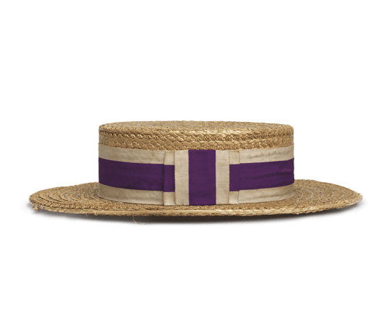 straw hat with purple ribbon